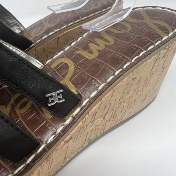 Sam Edelman Ronie Logo Regis Wedge Leather Heels Sandals Womens 8.5 Black Ladies - Picture 2 of 6